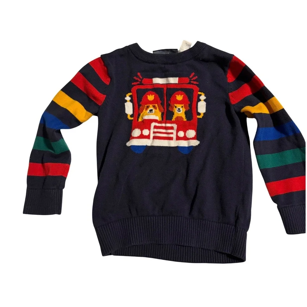The Childrens Place‎ Boys Navy Blue Fire Truck Dog Striped Sleeve Sweater 3T